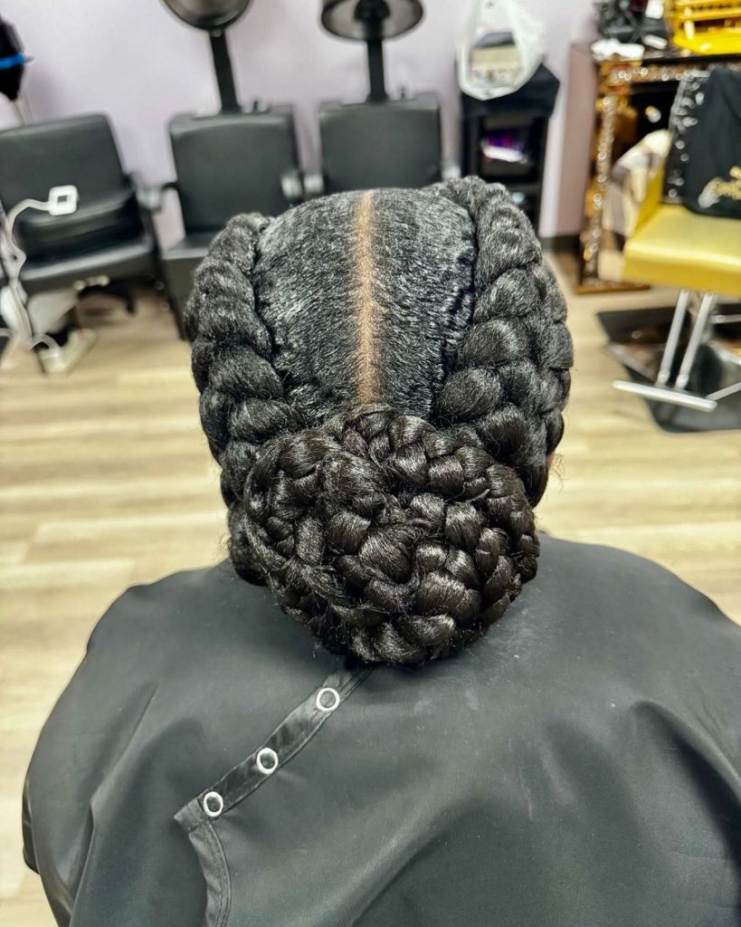 Styled braided hairdo from above